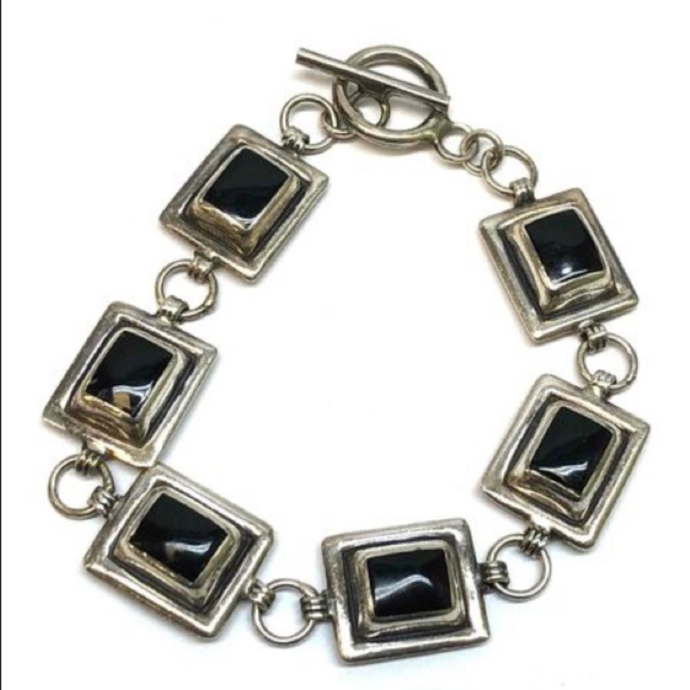 925 Sterling Silver Square Black Onyx 7" Vintage Bracelet